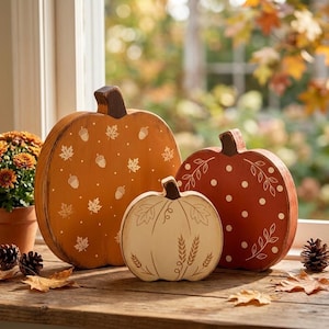 Op de afbeelding: Drie decoratieve houten pompoenen in verschillende maten en kleuren. De grootste is oranje met witte eikel- en bladpatronen. De middelste is roestrood met witte stippen en blaadjes. De kleinste is crèmekleurig met gegraveerde tarwe- en bladmotieven.