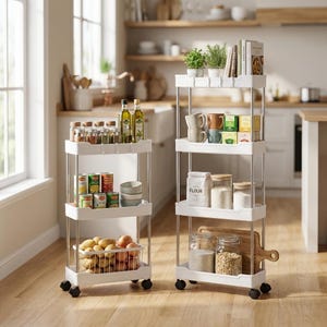 Puede incluir: Dos carritos de almacenamiento blancos con ruedas y tres niveles cada uno, con soportes metálicos. Los carritos contienen varios artículos de cocina, incluyendo frascos de vidrio, latas, una bolsa con la etiqueta Flour, tazas, plantas y patatas frescas.