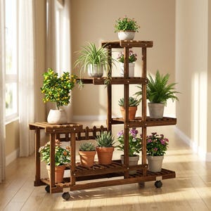 May include: A multi-tiered wooden plant stand with a dark brown finish, featuring several shelves at varying heights. The stand is equipped with small wheels at the base and holds multiple potted plants, including a small lemon tree and various succulents.