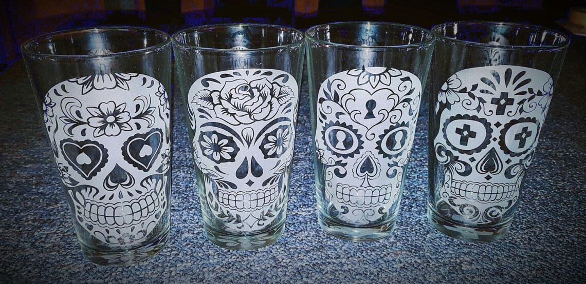 Sugar Skull Custom Etched 16 Oz Drinking Glasses Set Of 4 Etsy