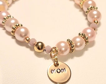 Mother's Day Pink Pearl Bracelet, gifts for mom, beaded bracelet, bracelet, earrings