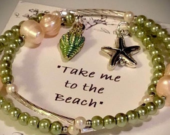 Wire Wrap Bracelet, charm bracelet, Take Me to the Beach, shells, ocean, green, sage, pearls