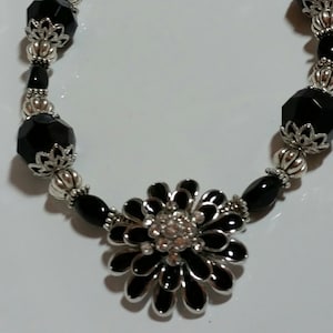 Flower Necklace, black and silver necklace, beaded necklace, chunky necklace, womens necklace, necklaces, half necklace