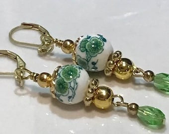 Pretty Flower Earrings, ceramic beaded earrings, green flower jewelry, gifts for her, spring jewelry