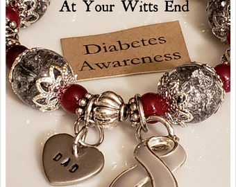 Diabetes Awareness Bracelet, grey ribbon, diabetes, awareness jewelry, charm bracelets, personalized Bracelets, gifts, awareness gifts,