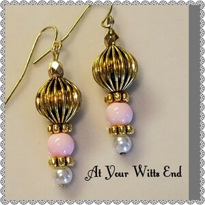 Pretty Pink & Gold Earrings, pretty earrings, drop earrings, gold earrings, breast cancer, gifts for her