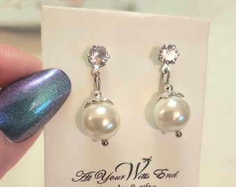 Elegant Pearl & Rhinestone Earrings, post, gifts for her