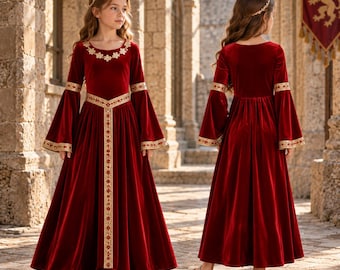Medieval princess costume for girls, velvet gown with long bell sleeves, kids renaissance fair dress, halloween royal outfit
