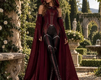 Red witch cosplay costume for women, superhero outfit with cape and headpiece, halloween sorceress bodysuit, full set with gloves