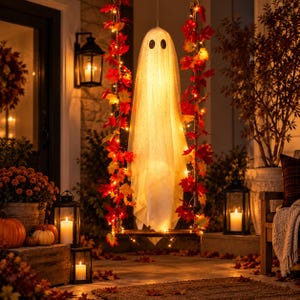 Peut inclure: Une décoration de fantôme blanc lumineux en tissu transparent avec deux yeux ovales sombres, suspendue à une balançoire en bois ornée de feuilles d'érable d'automne rouges, orange et jaunes et de guirlandes lumineuses.