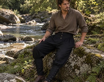 Zwarte middeleeuwse broek voor heren, Viking katoenen broek met veters bij de enkels en elastische taille, piratenkostuumbroek, LARP- en Renaissance-kleding.