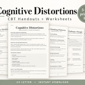 Può includere: Un set di 5 pagine PDF stampabili di dispense e schede di lavoro TCC intitolate Cognitive Distortions. I documenti presentano testo nero su carta bianca, delineando schemi di pensiero, esempi quotidiani ed esercizi per sfidare i pensieri.