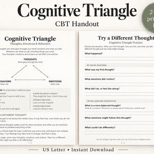 May include: A two-page Cognitive Triangle CBT handout printable PDF. The first page displays a diagram of thoughts, emotions, and behaviours with an example situation. The second page provides a worksheet titled Try a Different Thought.