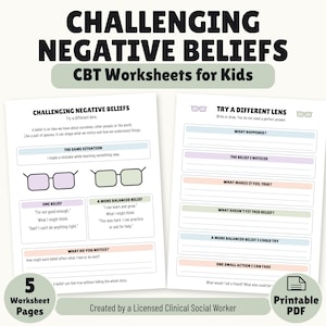 May include: Two printable CBT worksheets for kids titled Challenging Negative Beliefs and Try a Different Lens. The pages feature pastel-colored boxes, text prompts, and line drawings of glasses, designed to help identify and reframe negative thoughts.