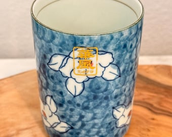 Vintage Kafuh Ceramic Yunomi | Blue Floral Japanese Tea Cup (1970s-1990s)