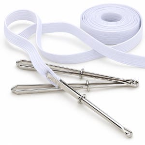 May include: A white elastic band coiled into a roll with a long strip extending outward, paired with two silver-toned metal bodkins. Each bodkin features a pointed tip, a sliding ring mechanism, and a small loop at the opposite end for threading.