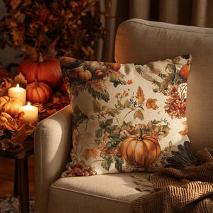 May include: A square throw pillow featuring a cream-colored fabric printed with a detailed autumn-themed pattern. The design displays orange pumpkins, clusters of red grapes, green foliage, and brown leaves, creating a seasonal harvest motif.