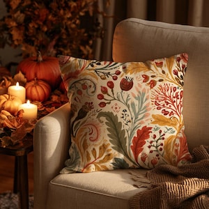 Autumn Botanical Pillow Cover: Boho Folk Floral Cushion, Rustic Fall Harvest Home Decor