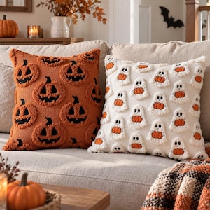 Halloween kussenhoes, spook-, pompoen- en schedelkussen, getufte herfstkussenhoes, griezelige bankdecoratie, Halloween woondecoratie