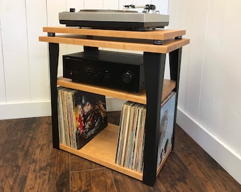 ON SALE Solid cherry stereo and turntable console with vinyl storage. Contemporary wood and steel record player stand.