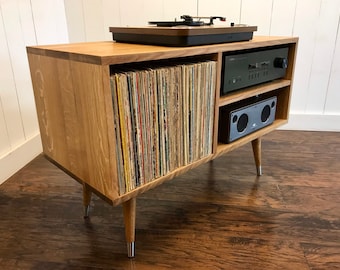 White Oak Turntable Cabinet: Mid Century Modern Record Player Console