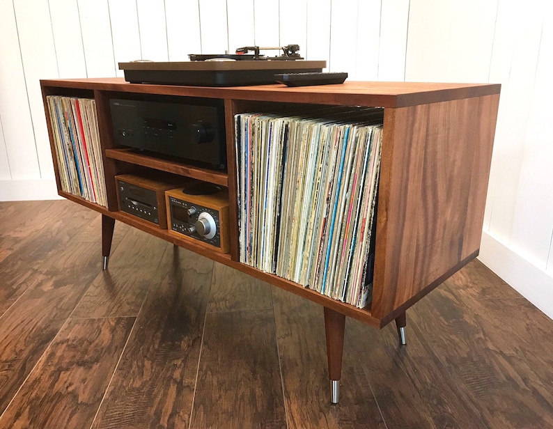 Solid mahogany turntable cabinet with album storage. Mid century modern record player console with vinyl storage. 