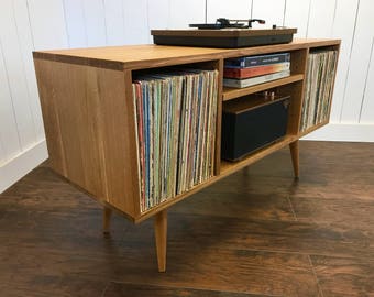 New mid century modern record player console, turntable stand, stereo cabinet featuring quartersawn white oak.