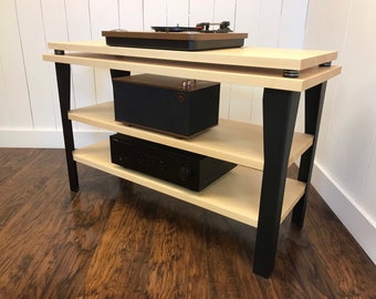 Maple Turntable Stand: Contemporary Wood and Steel Record Player Console
