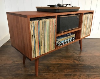 Solid Mahogany Turntable Console: Mid Century Modern Record Player Cabinet