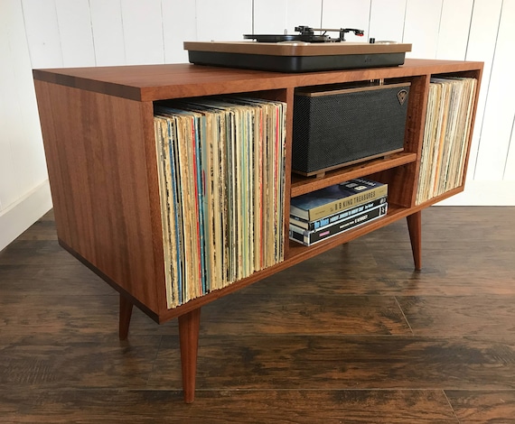 Solid Mahogany Turntable and Stereo Console With Album Storage