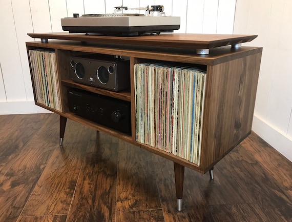 Mid Century Modern Walnut Record Player Stand, Vinyl Storage Cabinet 