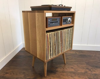 Solid White Oak Turntable Console: Mid Century Modern Vinyl Record Storage
