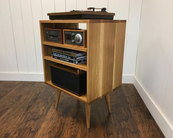 Solid White Oak Turntable Console: Mid Century Modern Audio Cabinet