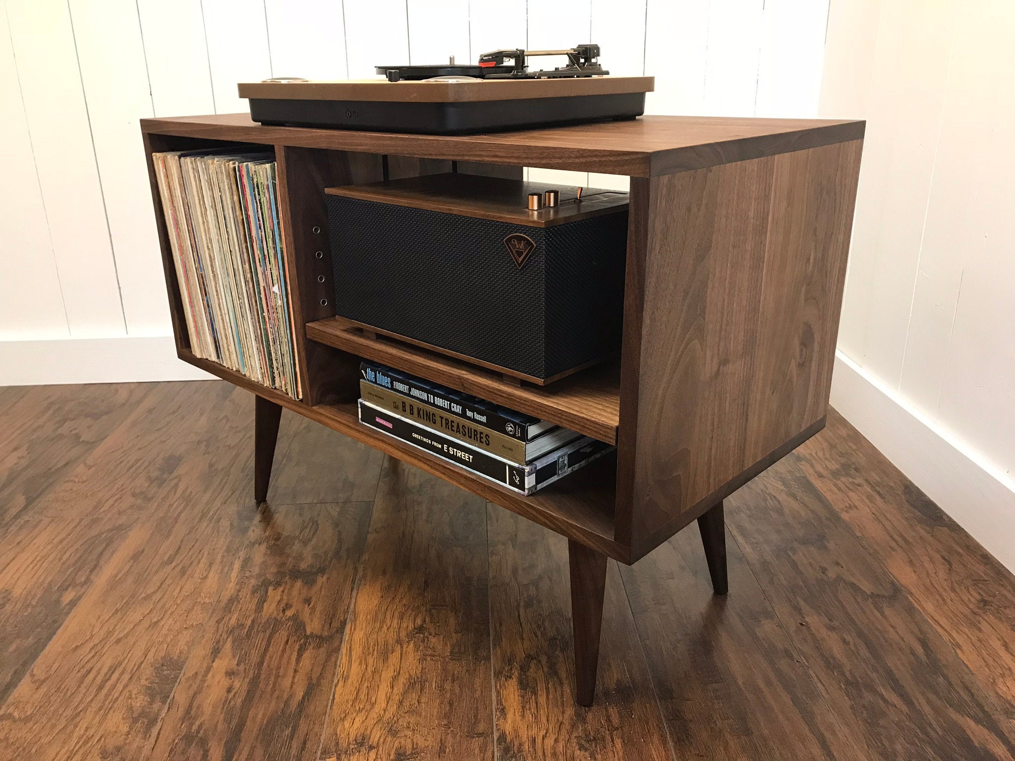 Solid Walnut Stereo and Turntable Cabinet With Album Storage
