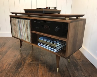 Solid Walnut Turntable Cabinet: Mid Century Modern Vinyl Record Storage