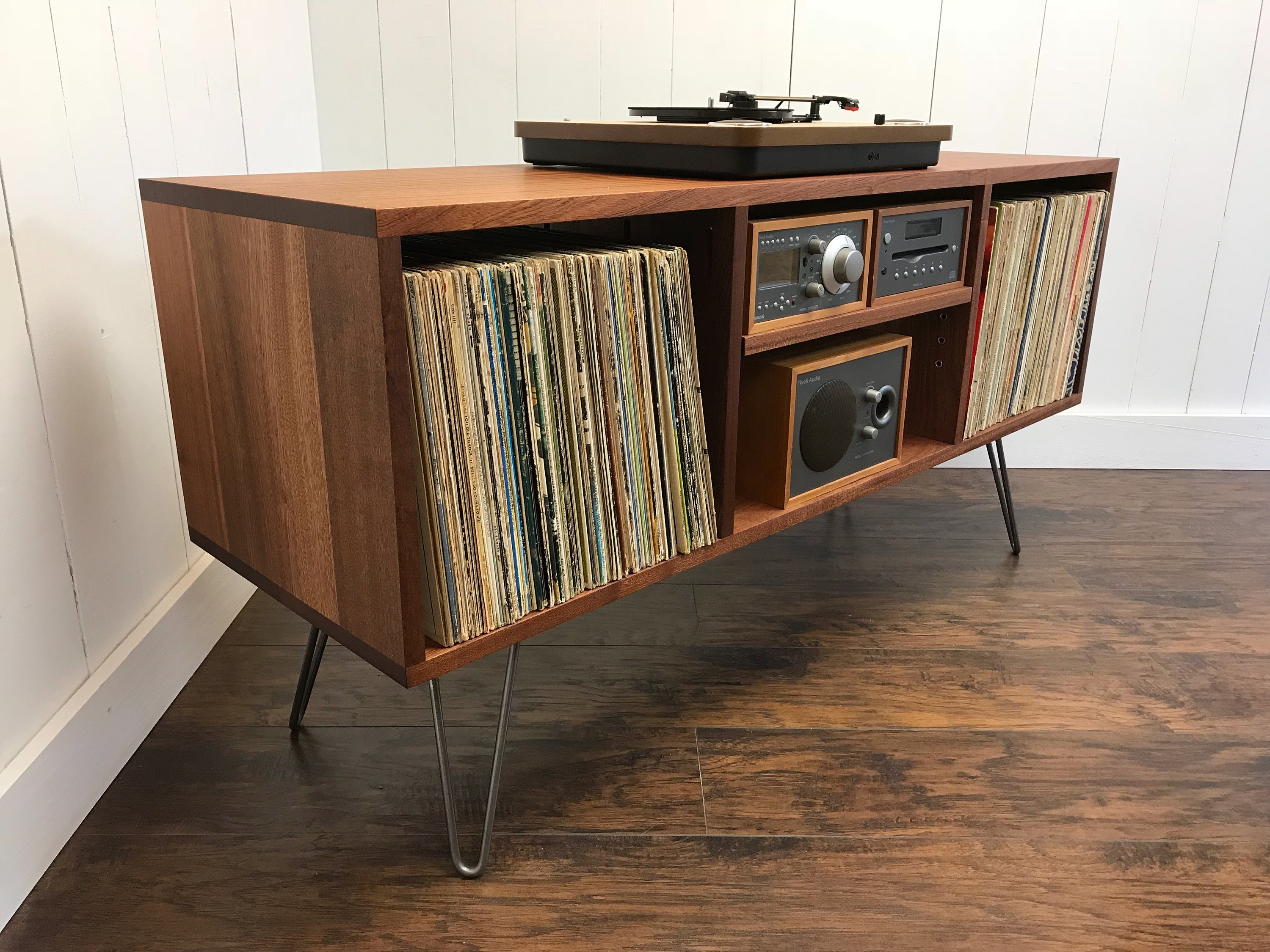 Solid mahogany turntable with album storage. Mid Etsy