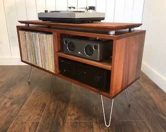 Solid mahogany turntable and album storage cabinet. Mid century modern record player console with vinyl storage.