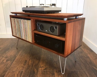 Solid Mahogany Turntable Cabinet: Mid Century Modern Vinyl Record Storage