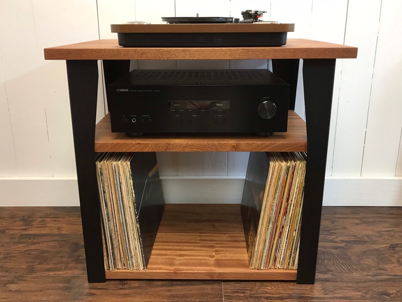 Mahogany stereo and turntable stand with vinyl storage. Modern Etsy