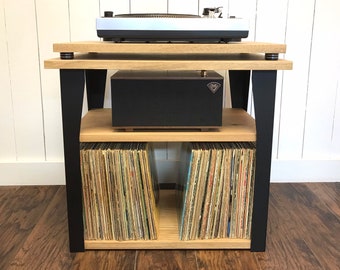 White oak stereo and turntable console with vinyl storage. Contemporary wood and steel record player stand.