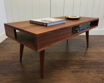 Solid Mahogany Coffee Table: Mid Century Modern Design with Storage