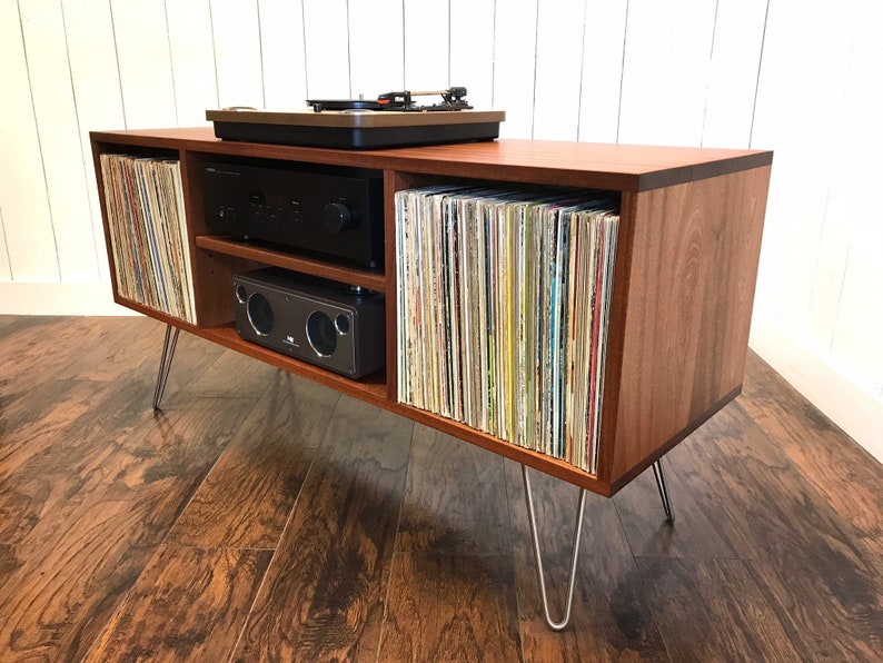 Solid mahogany turntable cabinet with album storage. Mid century modern record player console with vinyl storage. image 2