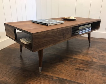 Solid Walnut Coffee Table: Mid Century Modern Design with Storage
