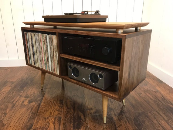 Solid Walnut Turntable And Album Storage Cabinet With White Etsy