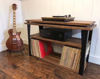 Walnut Stereo Console with Vinyl Storage: Wood & Steel Record Player Stand