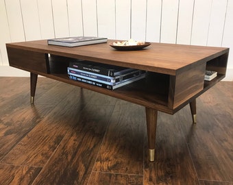 Solid walnut coffee table. Thin Man mid century modern coffee table with storage.