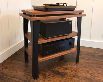 Mahogany Turntable Console: Wood & Steel Record Player Stand
