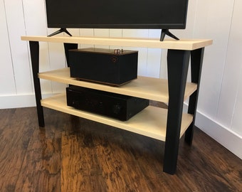 Maple & Steel TV Console with Vinyl Storage: Modern Media Stand