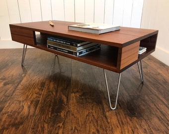 Solid Mahogany Coffee Table: Mid Century Modern Storage with Steel Legs