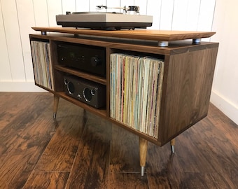 Walnut Turntable Cabinet: Mid Century Modern Vinyl Record Storage